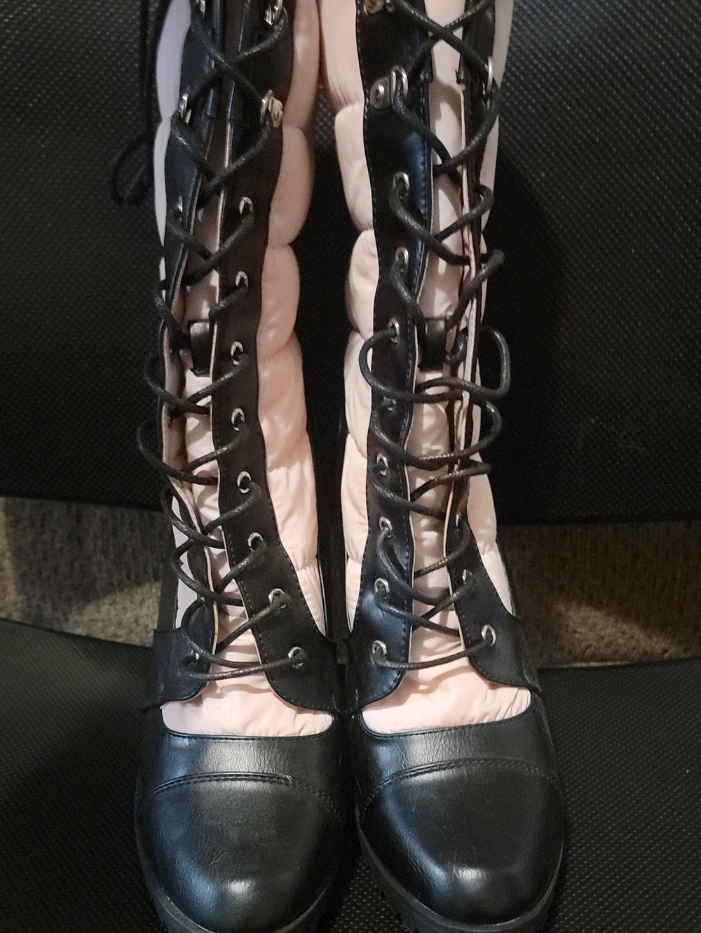 Women’s Lace-Up Black and Light Pink Knee-High Boots